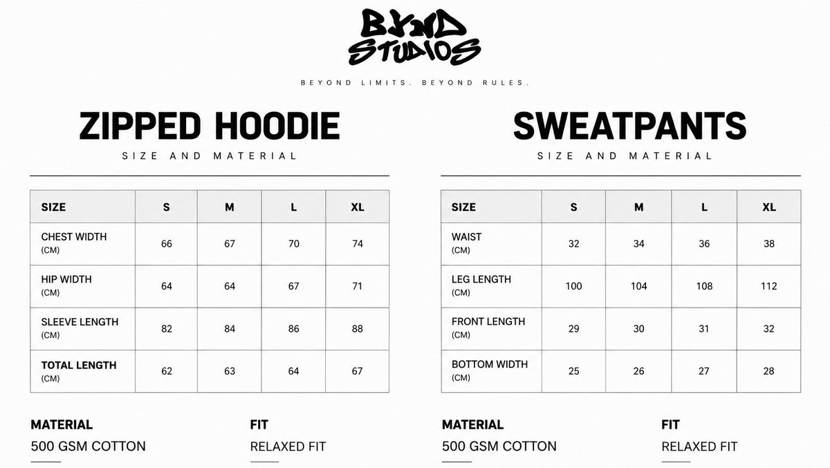 Black Set size chart — zipped hoodie and sweatpants measurements