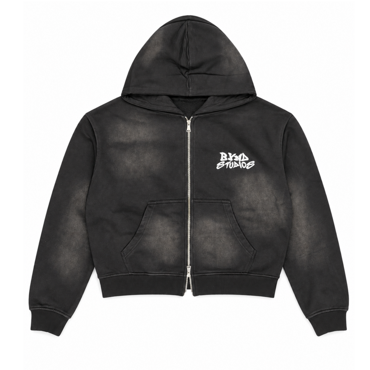 BYND STUDIOS washed black zip hoodie with BYND print, front
