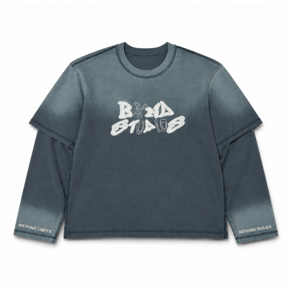 BYND STUDIOS double layered longsleeve in washed blue/grey with BYND print, front
