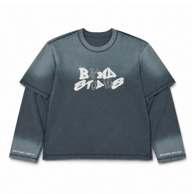 BYND STUDIOS double layered longsleeve in washed blue/grey with BYND print, front