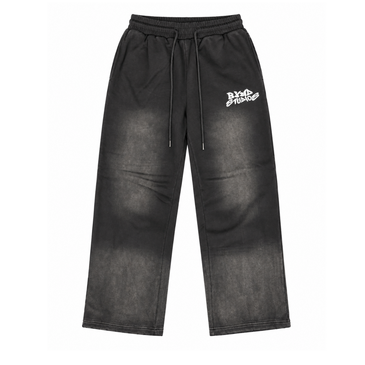 BYND STUDIOS washed black sweatpants with BYND print, front