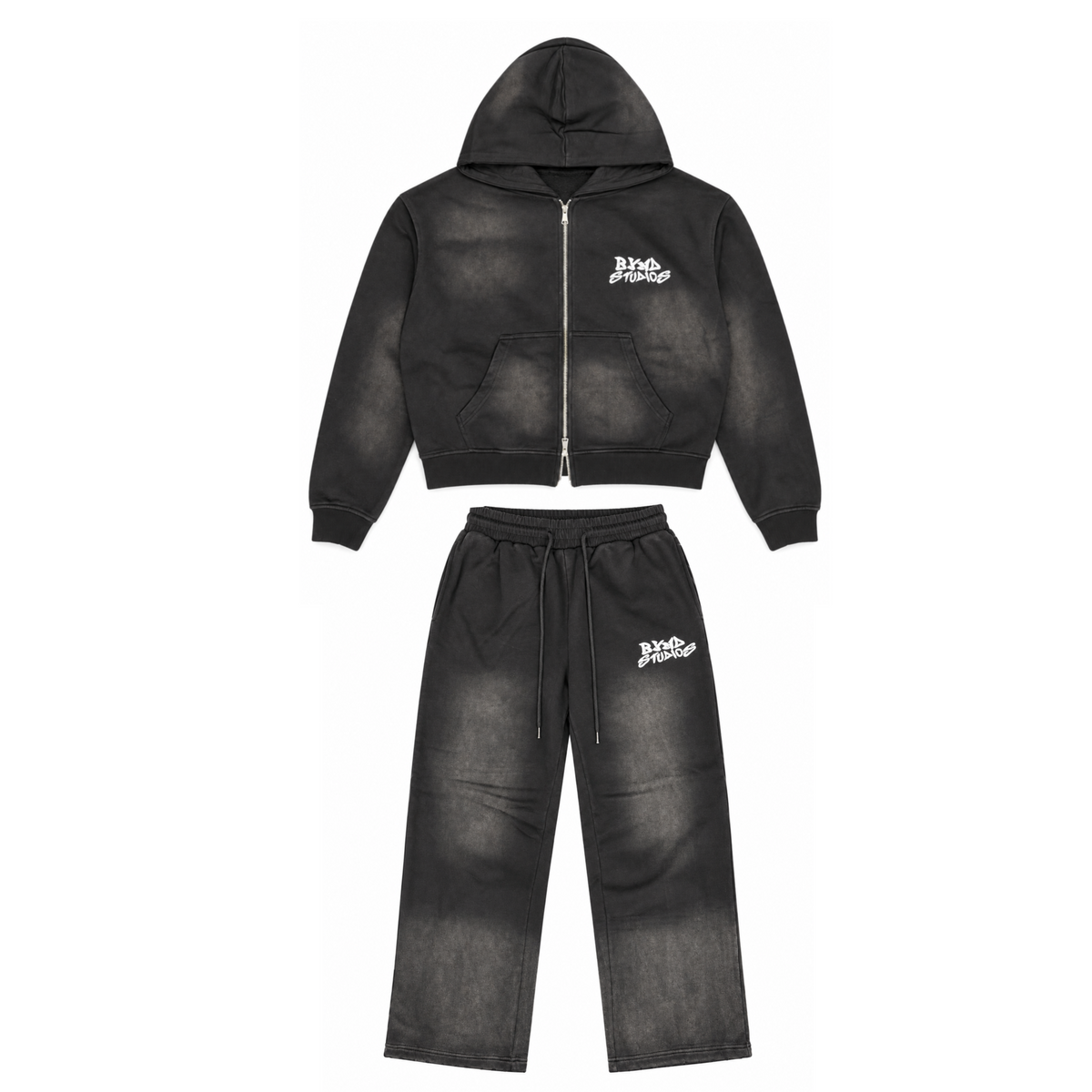 BYND STUDIOS Black Set — washed black zip hoodie and sweatpants, front