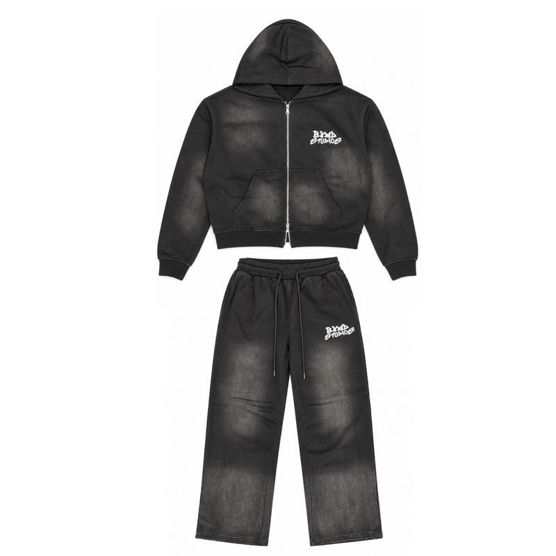 BYND STUDIOS Black Set — washed black zip hoodie and sweatpants, front